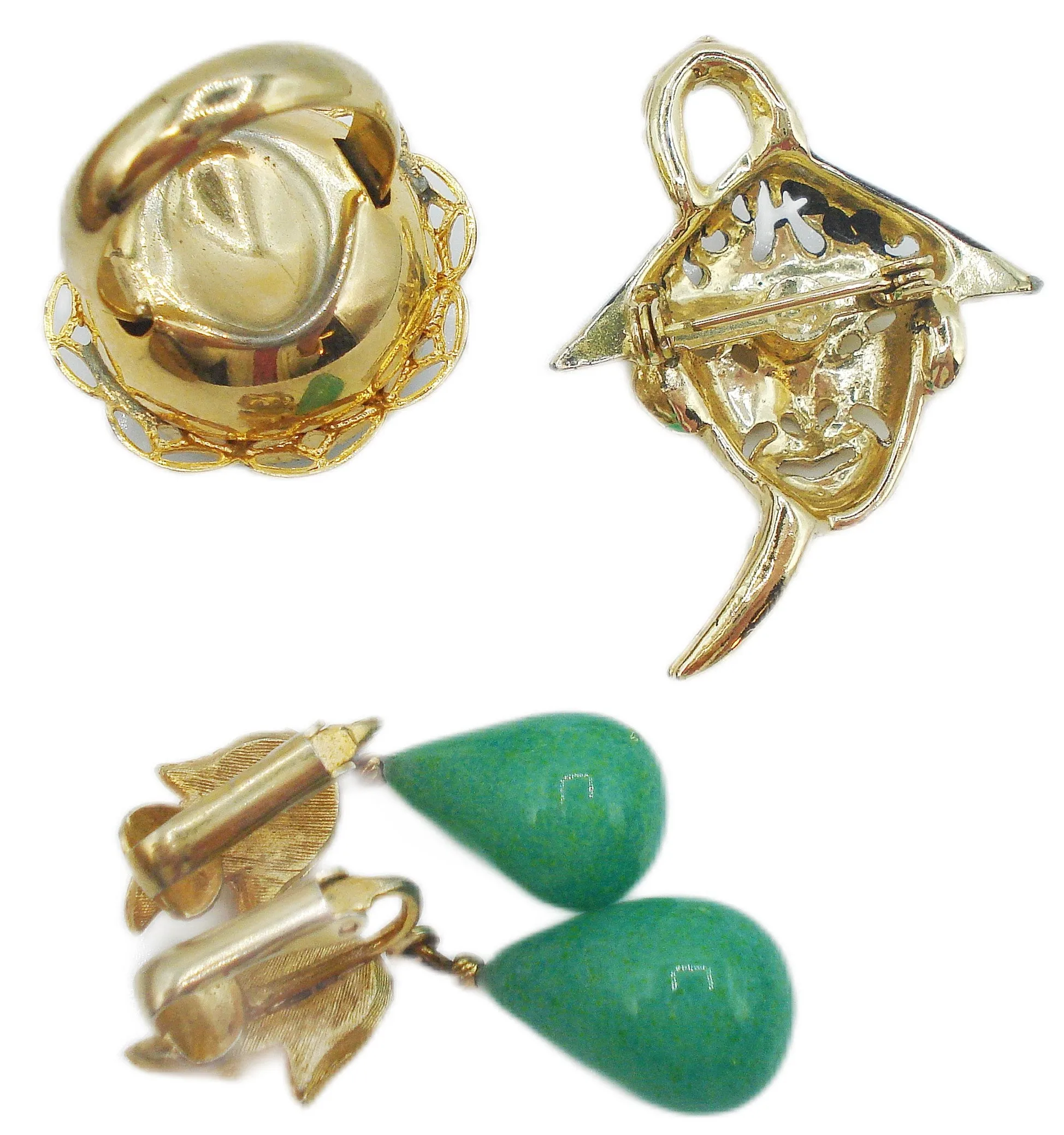 3 pc Vintage Asian Lot Glass Chinese Jade Ring Earrings Man Pin