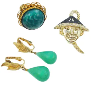 3 pc Vintage Asian Lot Glass Chinese Jade Ring Earrings Man Pin