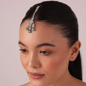 92.5 Sterling Silver Maangtikka With Emerald Green Synthetic Stones
