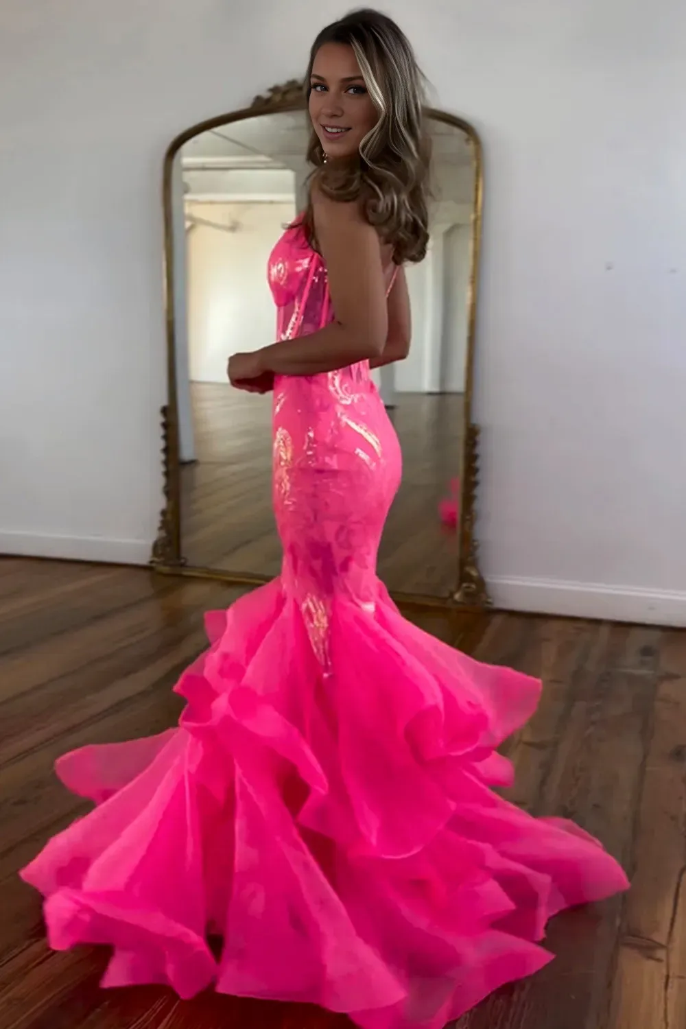 Backless Stunning Mermaid Spaghetti Straps Long Glitter Prom Dress With Ruffles
