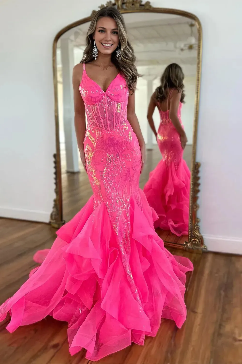 Backless Stunning Mermaid Spaghetti Straps Long Glitter Prom Dress With Ruffles