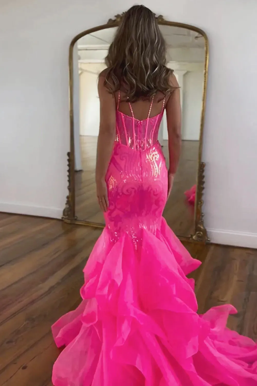 Backless Stunning Mermaid Spaghetti Straps Long Glitter Prom Dress With Ruffles
