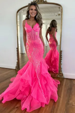 Backless Stunning Mermaid Spaghetti Straps Long Glitter Prom Dress With Ruffles