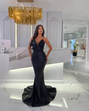 Ballbellas Black Stunning Feather Beaded Sweetheart Sleeveless Mermaid Prom Dress