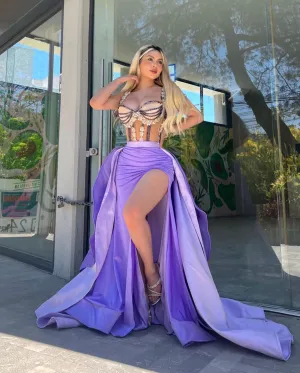 Ballbellas Purple Stunning Split Stain Sleeveless  Prom Dress with Ruffles