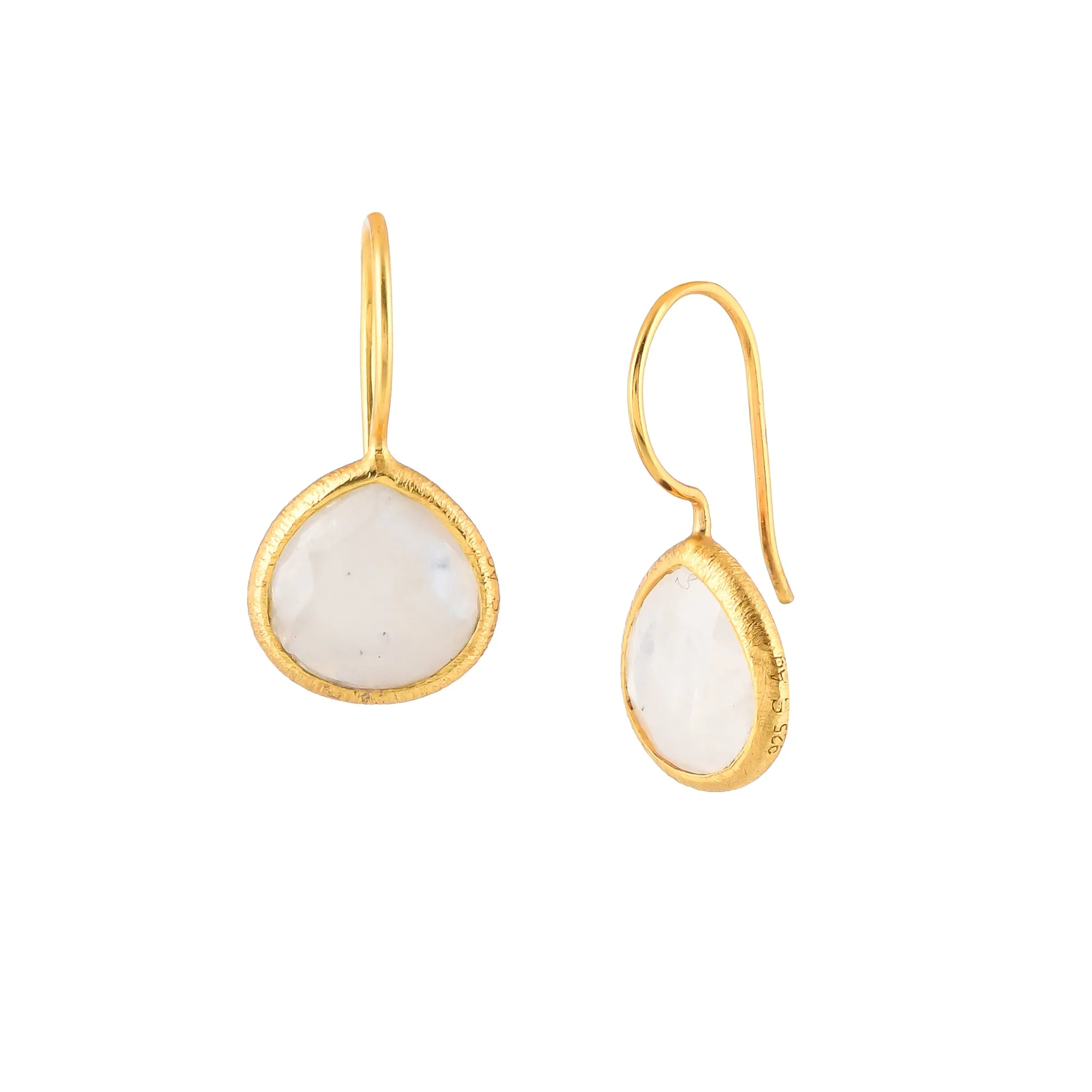 Dew Drops Rainbow Moonstone Textured Drop Earrings Gold