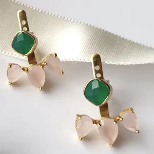 Dew Drops Rainbow Moonstone Three Stone Ear-Jacket Earrings Gold