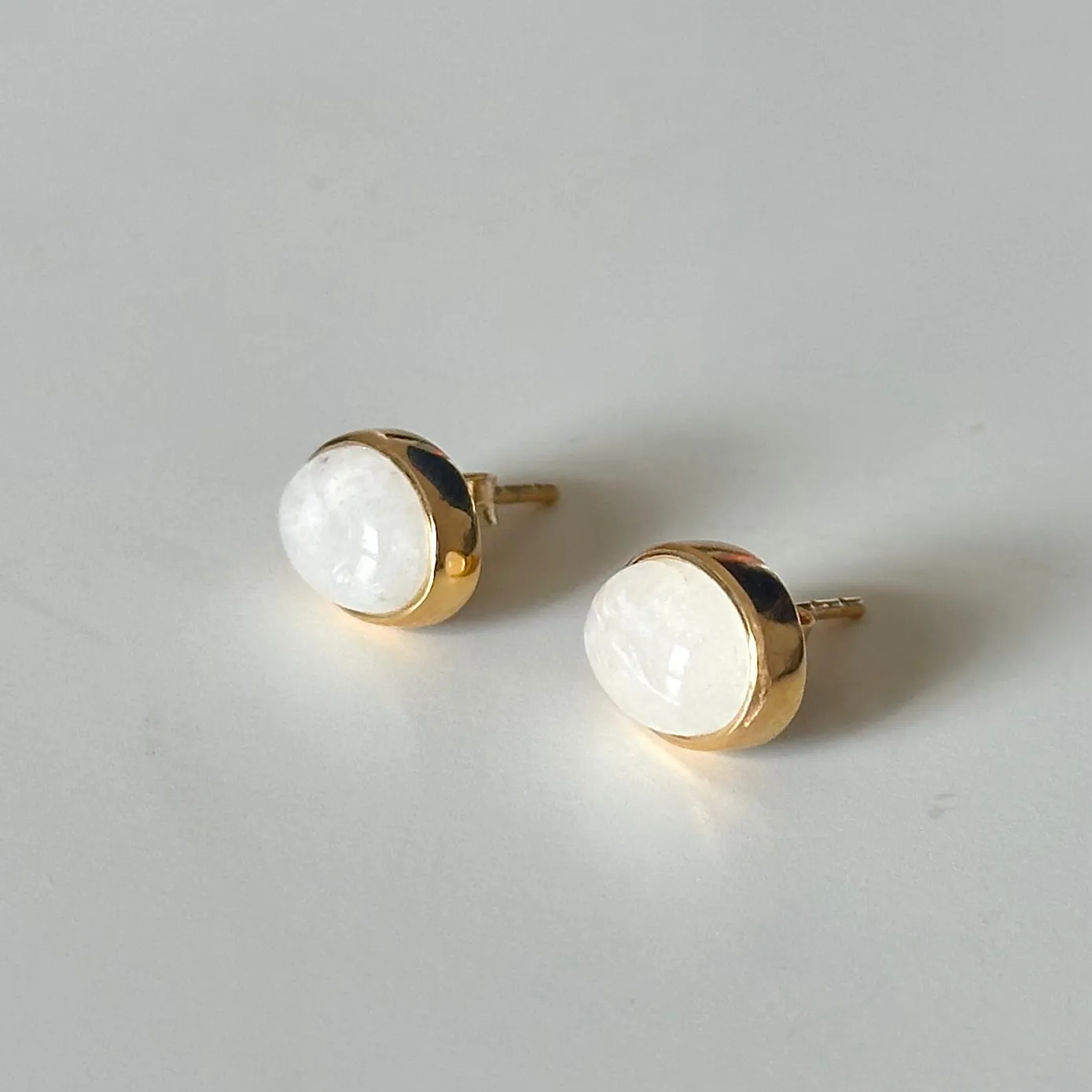 Gold Plated Sterling Silver Oval Stud Earrings with Cabochon Cut Moonstone Gemstone
