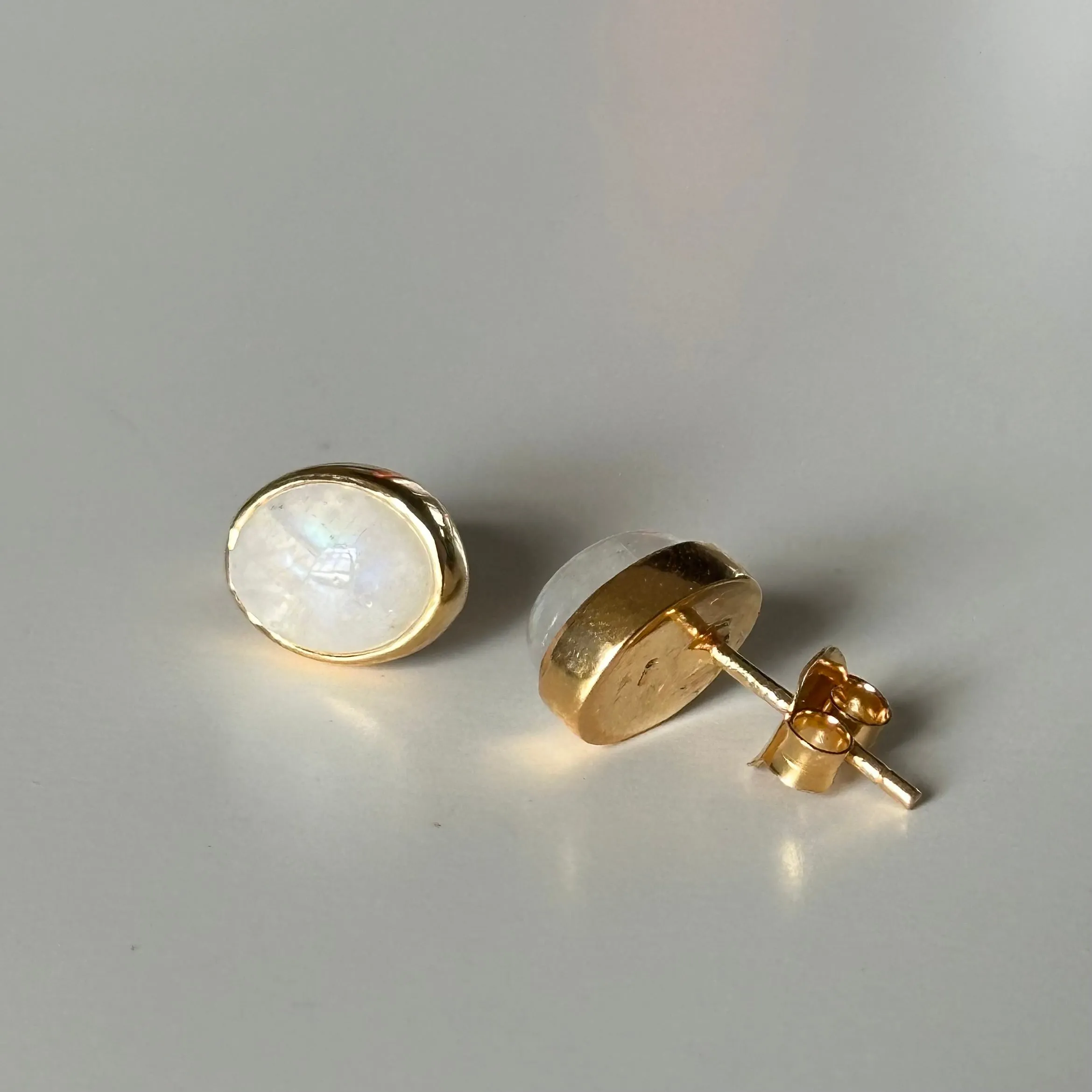 Gold Plated Sterling Silver Oval Stud Earrings with Cabochon Cut Moonstone Gemstone