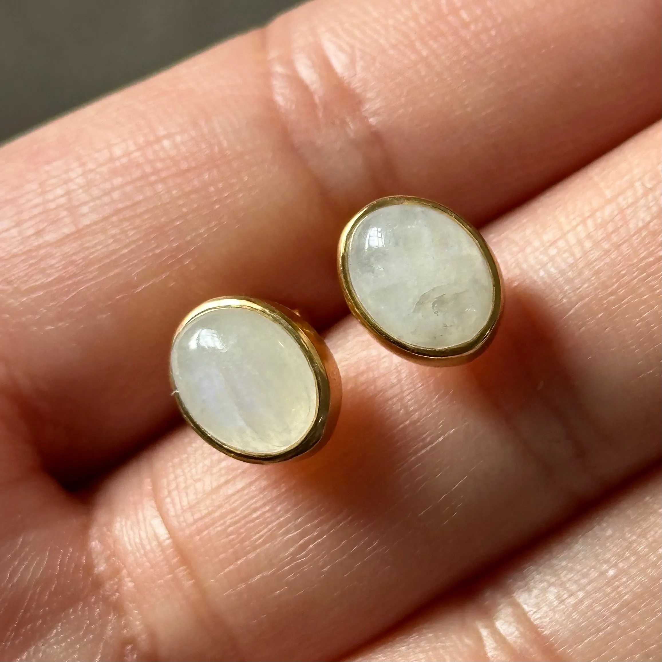 Gold Plated Sterling Silver Oval Stud Earrings with Cabochon Cut Moonstone Gemstone
