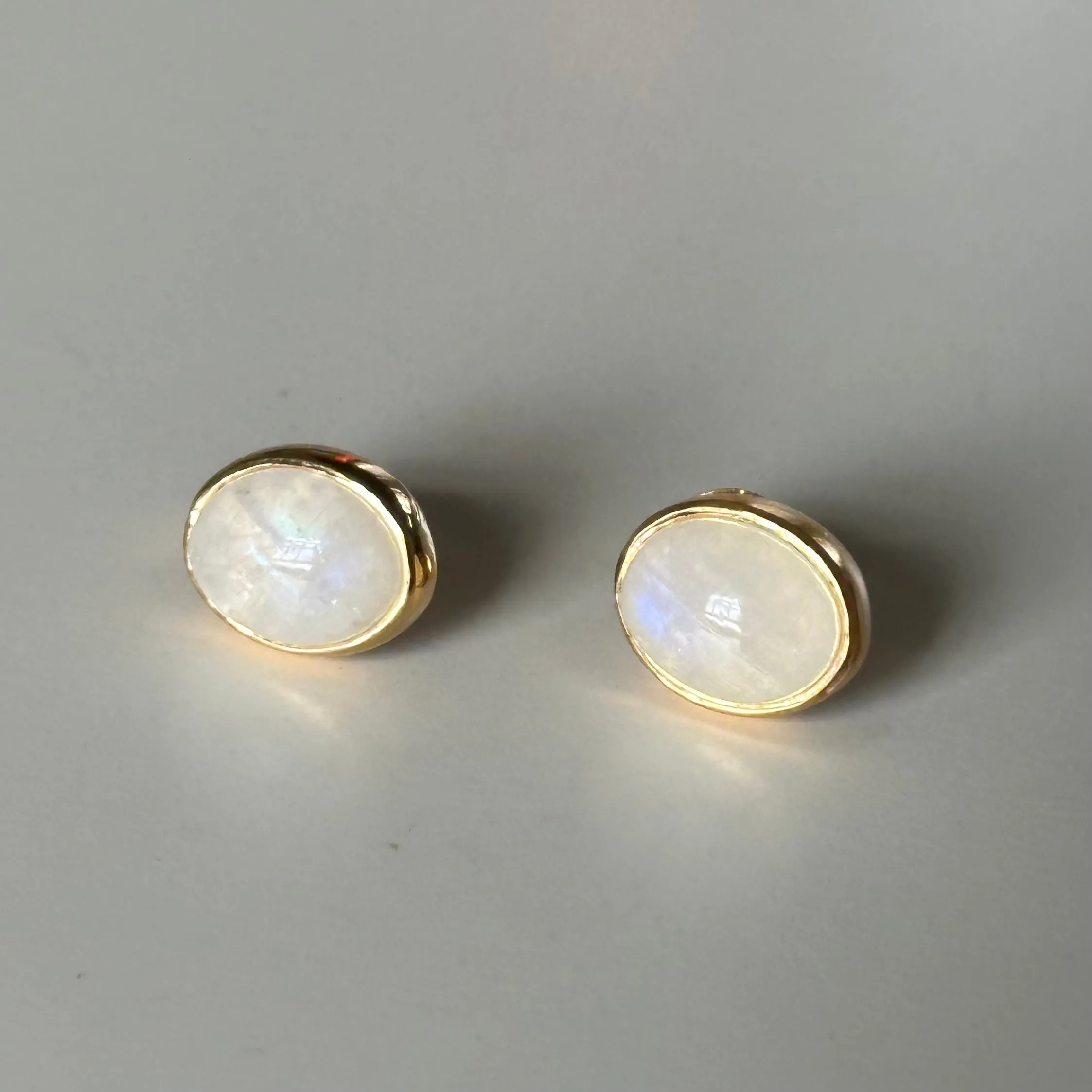 Gold Plated Sterling Silver Oval Stud Earrings with Cabochon Cut Moonstone Gemstone