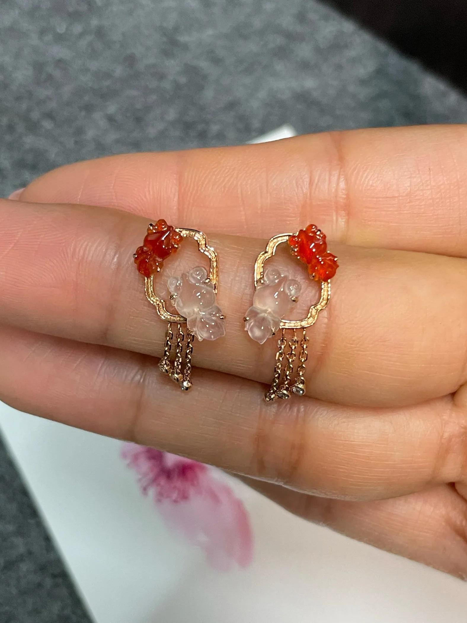 Icy White & Red Jade Earrings - Goldfish (NJE169)