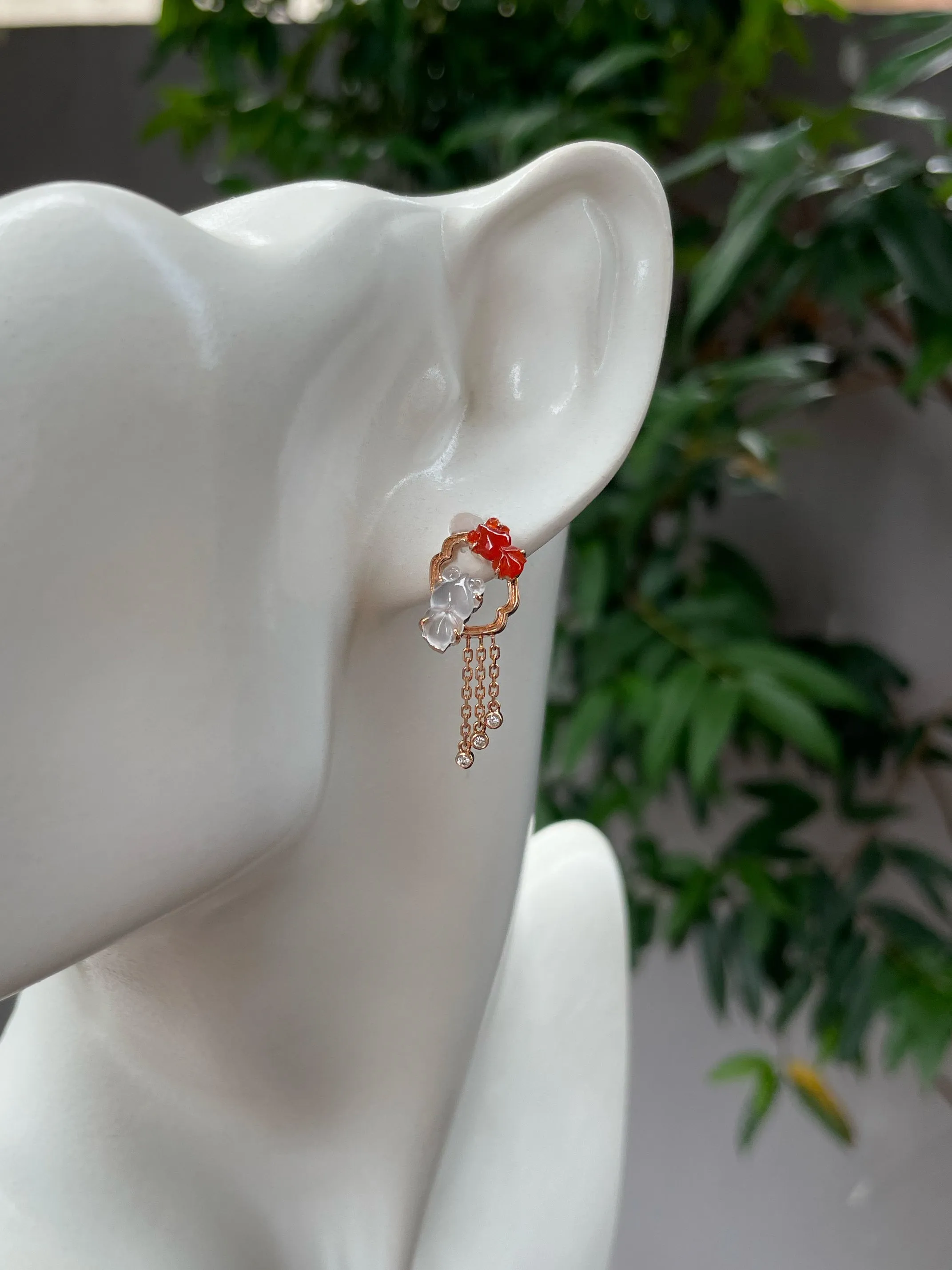 Icy White & Red Jade Earrings - Goldfish (NJE169)