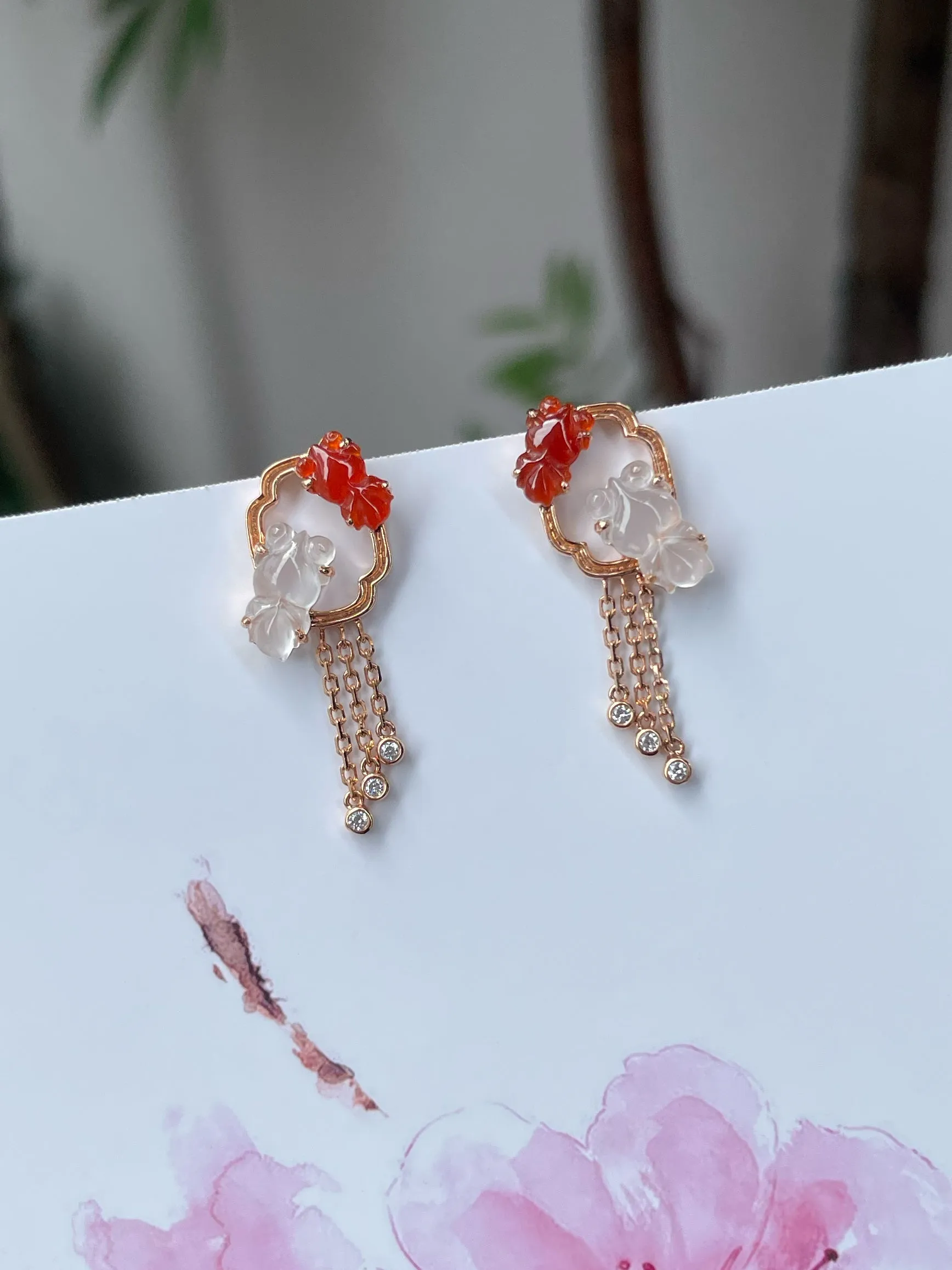 Icy White & Red Jade Earrings - Goldfish (NJE169)