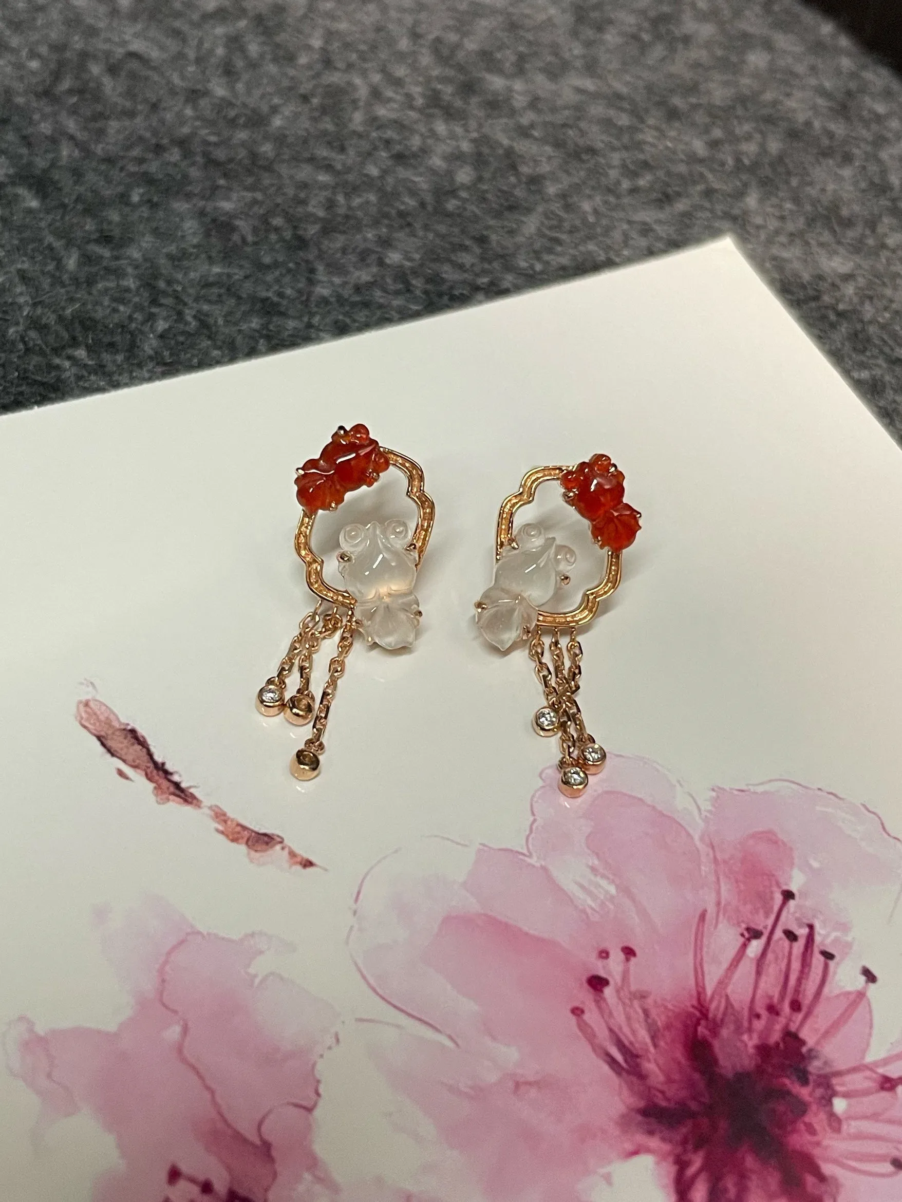 Icy White & Red Jade Earrings - Goldfish (NJE169)