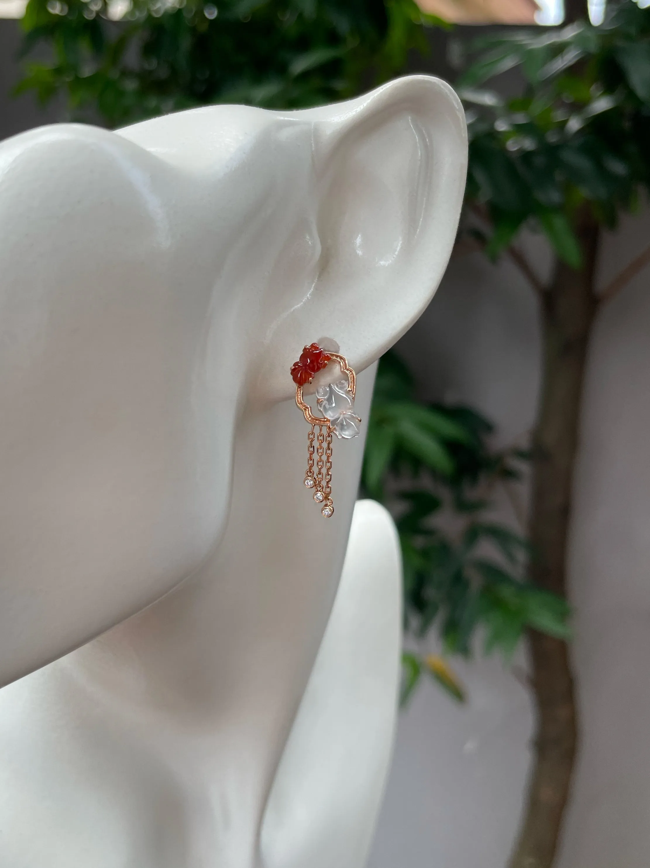 Icy White & Red Jade Earrings - Goldfish (NJE169)