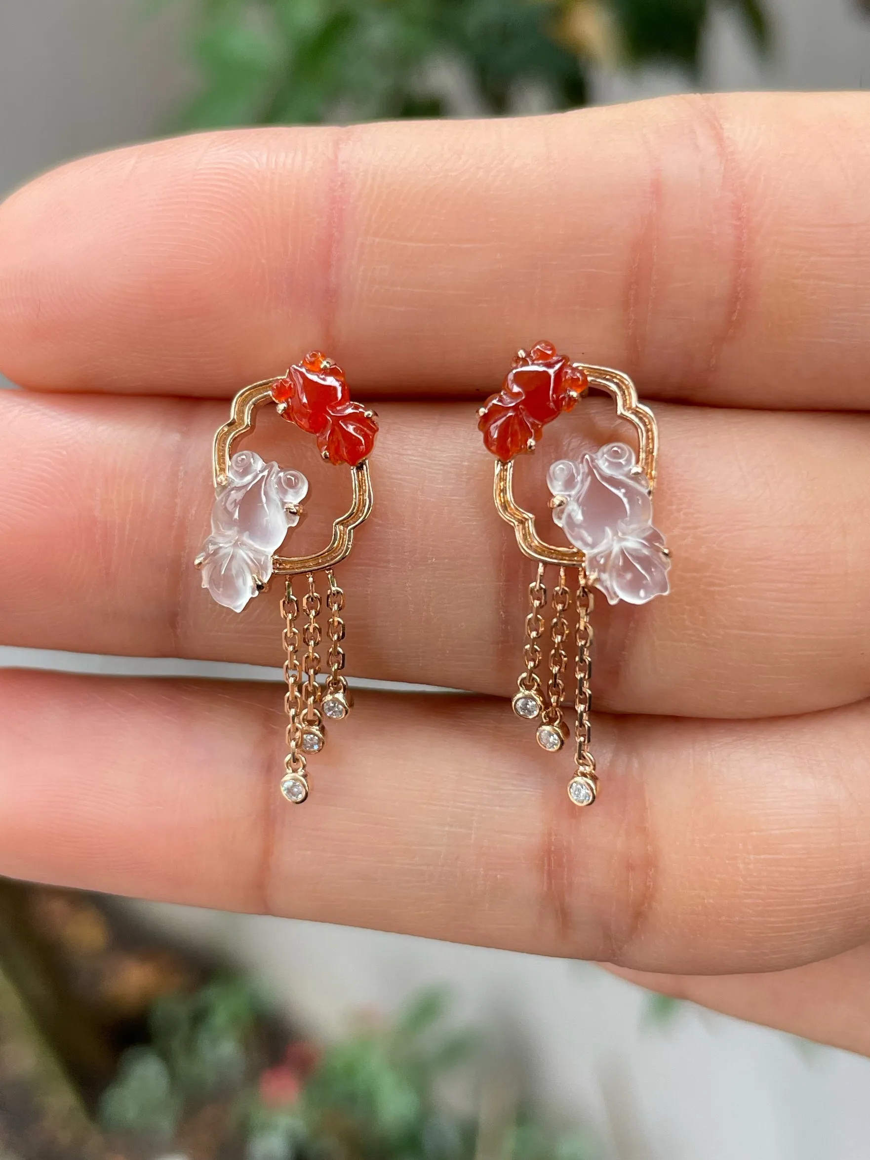 Icy White & Red Jade Earrings - Goldfish (NJE169)