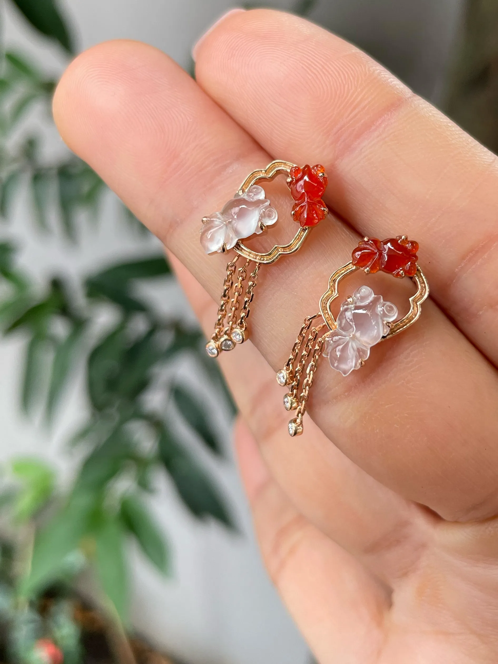 Icy White & Red Jade Earrings - Goldfish (NJE169)