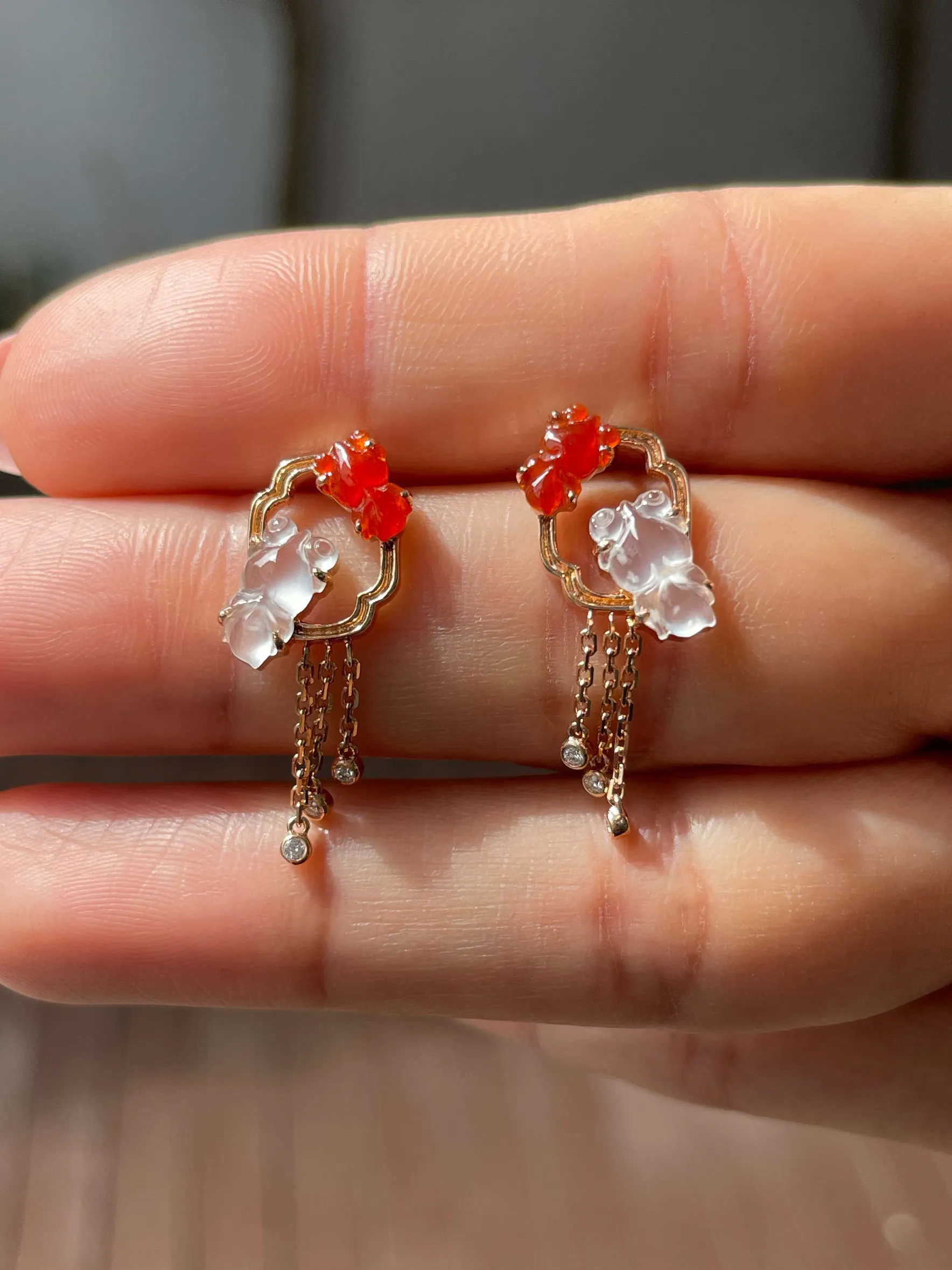 Icy White & Red Jade Earrings - Goldfish (NJE169)