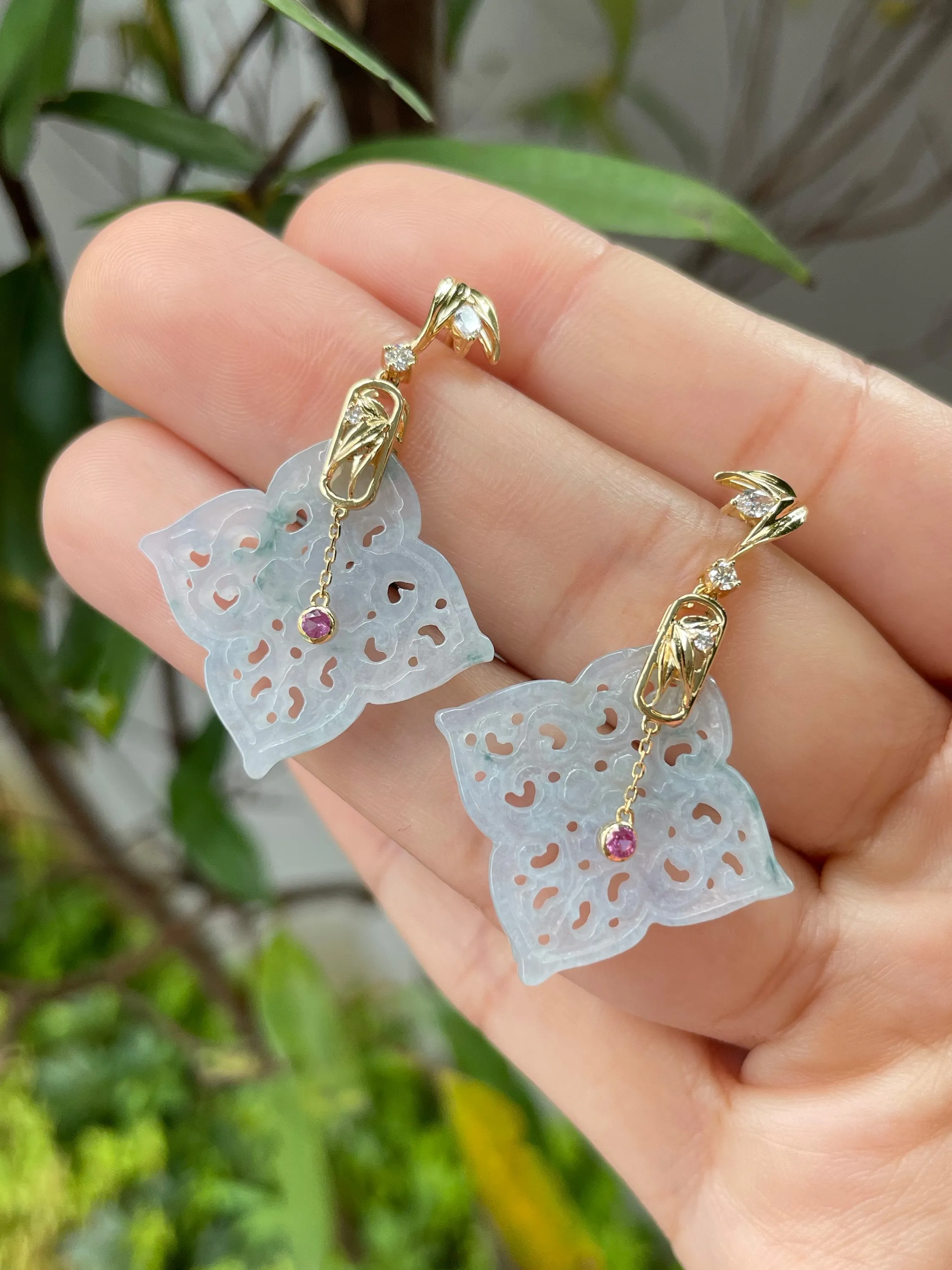 Icy White Carved Jade Earrings (NJE059)
