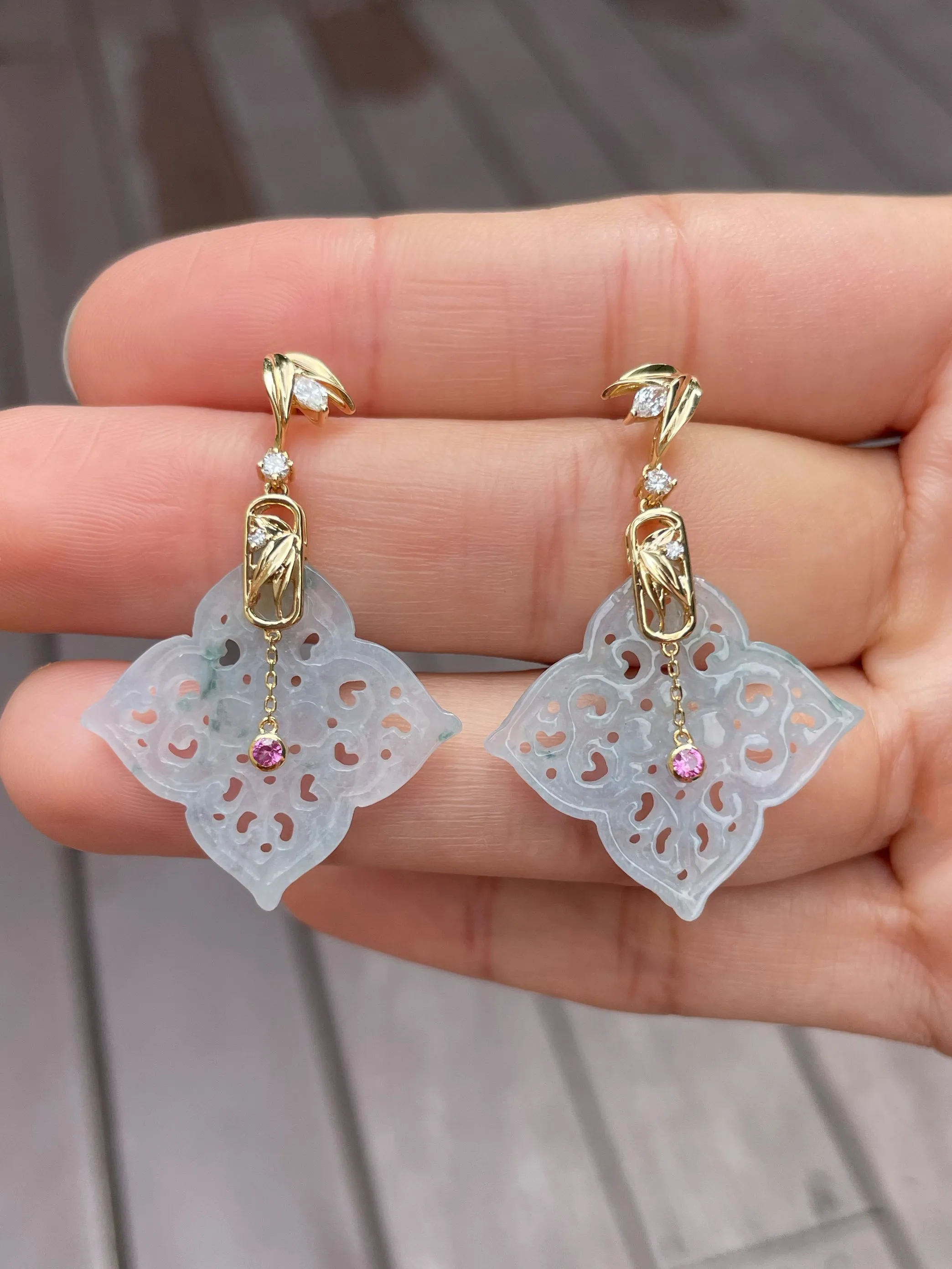Icy White Carved Jade Earrings (NJE059)