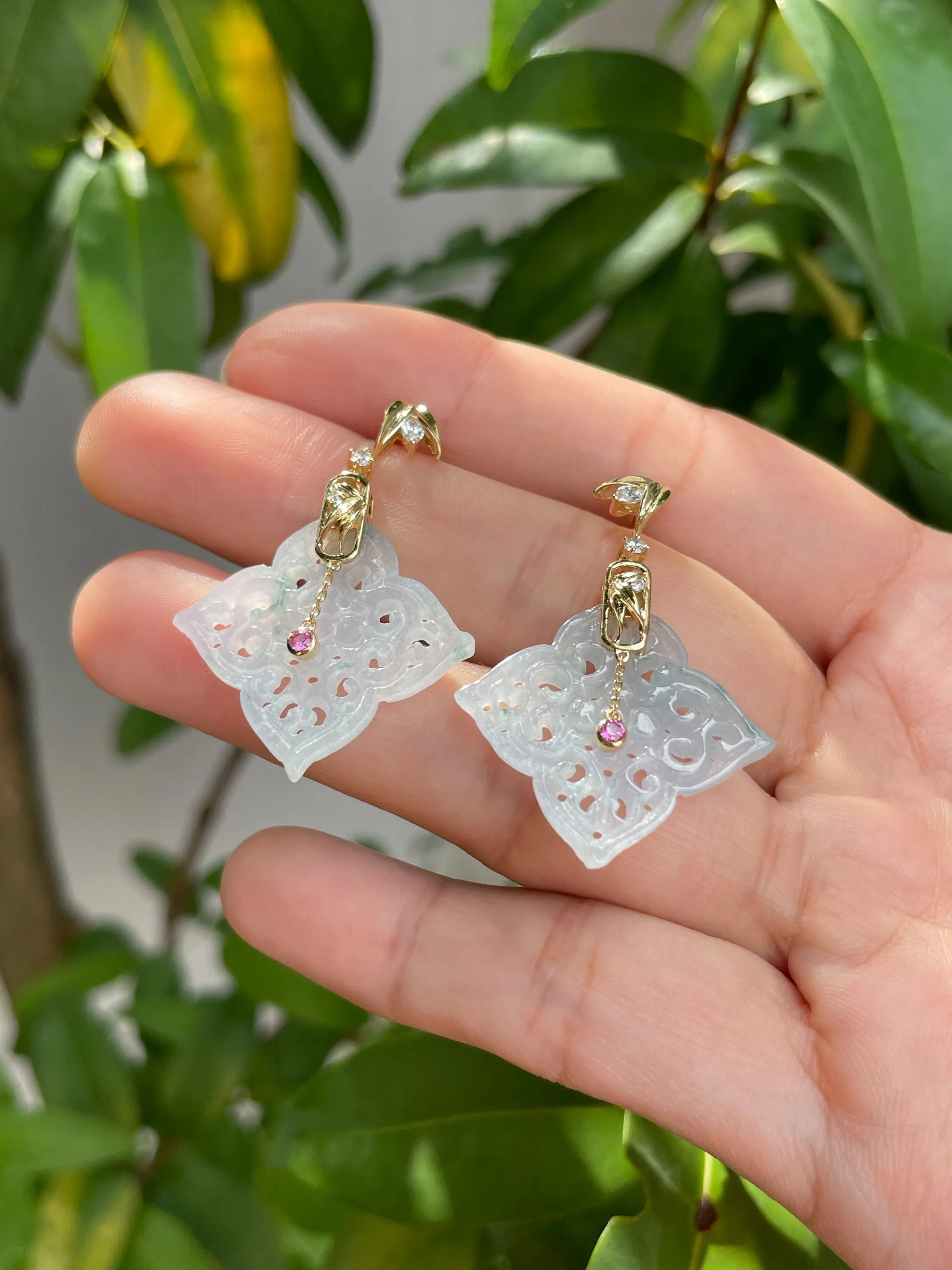 Icy White Carved Jade Earrings (NJE059)