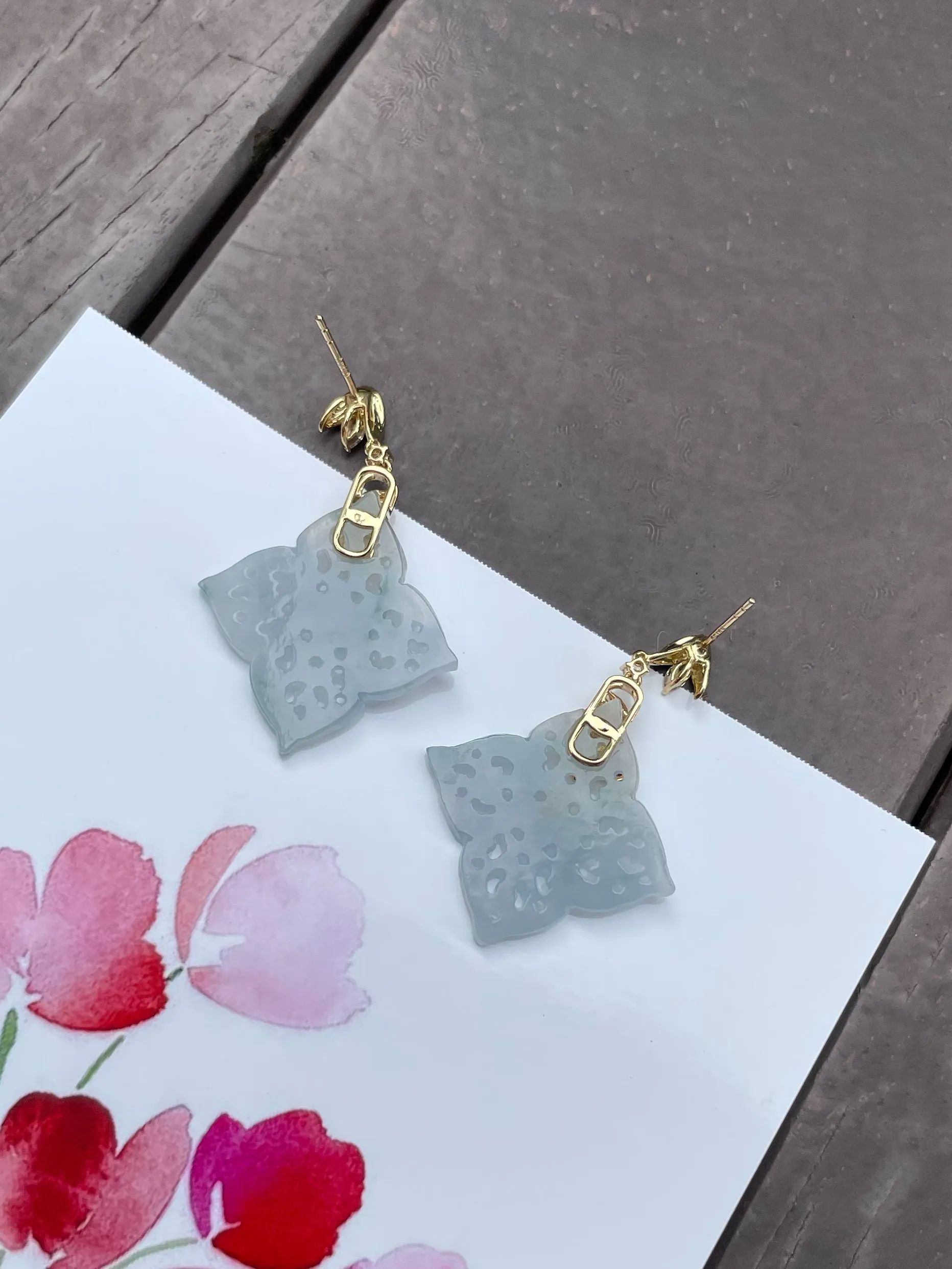 Icy White Carved Jade Earrings (NJE059)