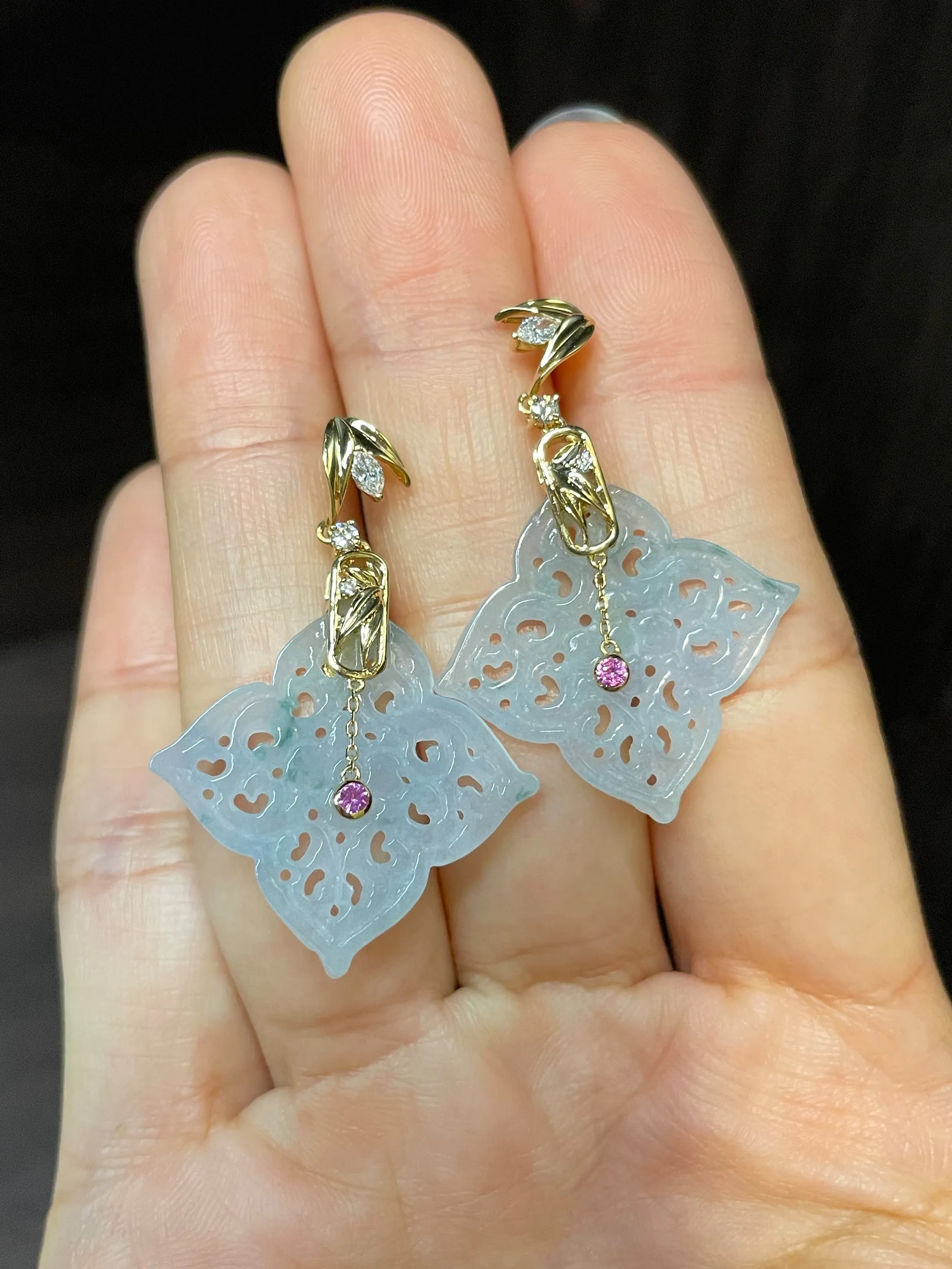 Icy White Carved Jade Earrings (NJE059)