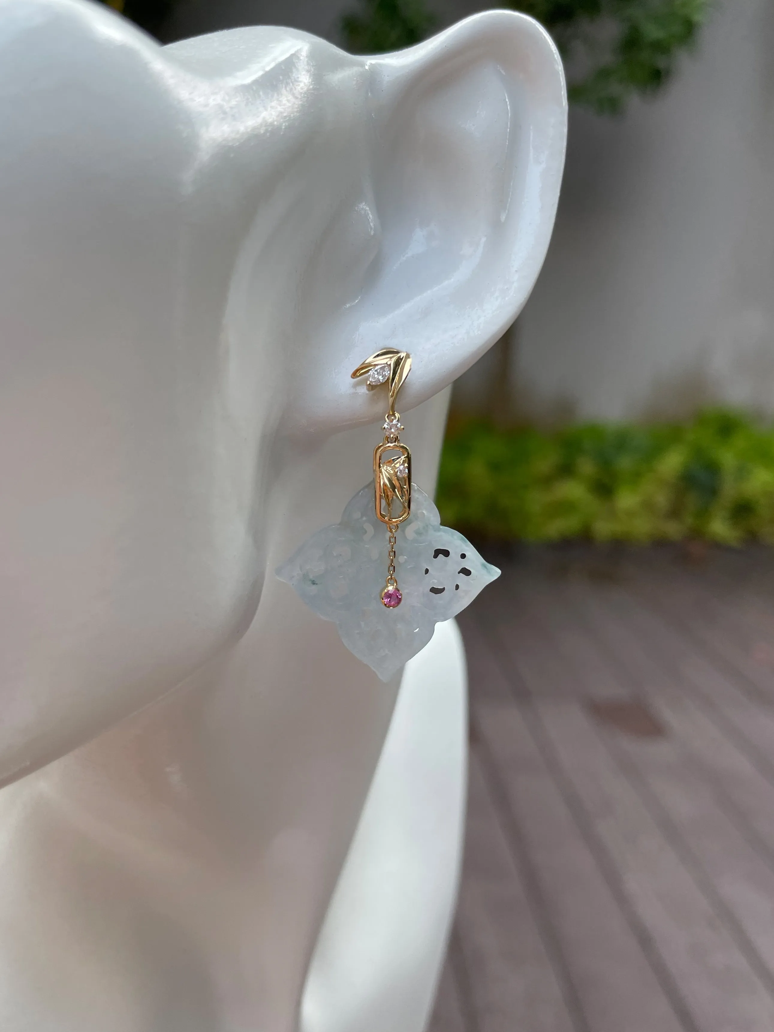 Icy White Carved Jade Earrings (NJE059)