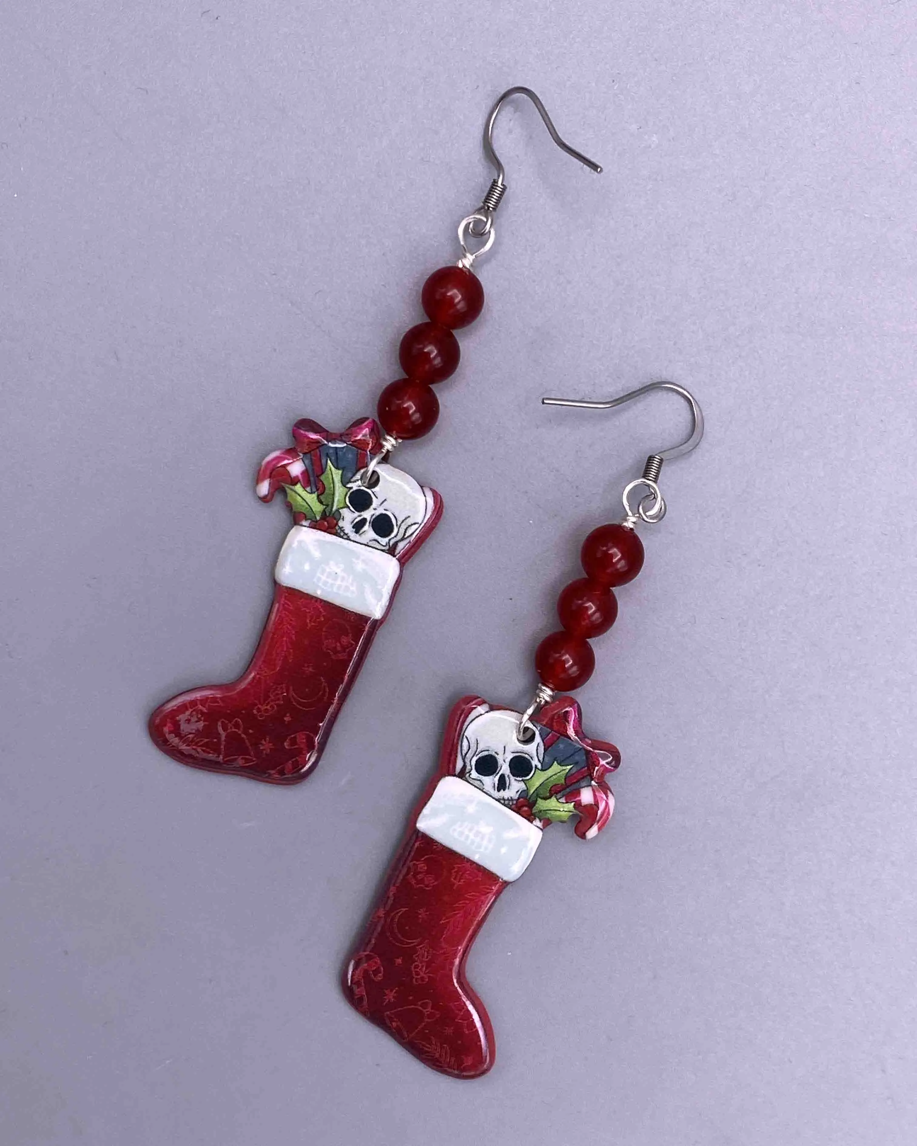 Jade and skull Christmas earrings