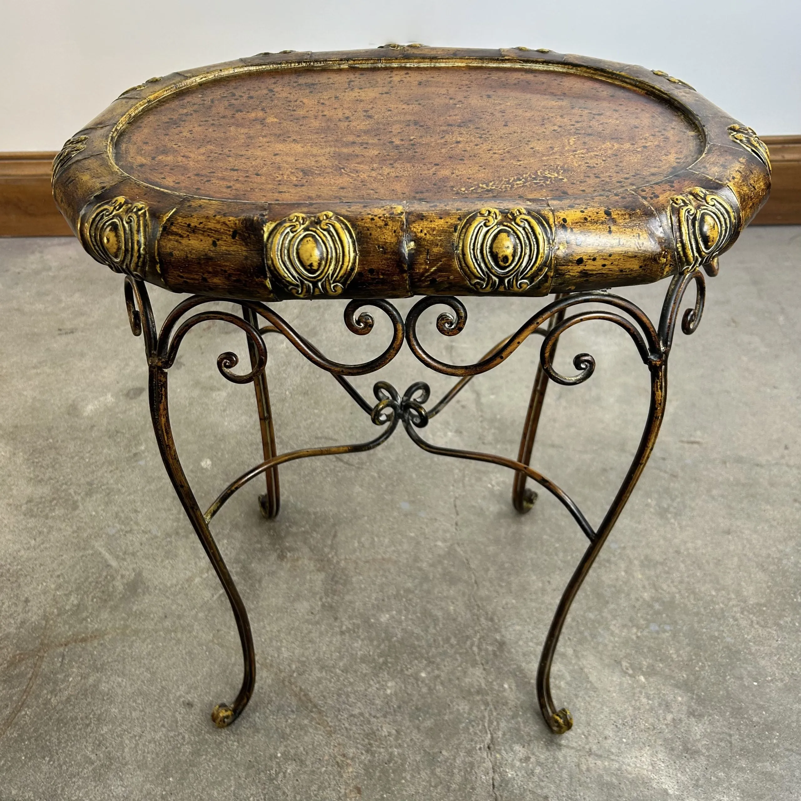 Metal Oval Side Table, Small, Painted Golden and Rust Tones, Ornate