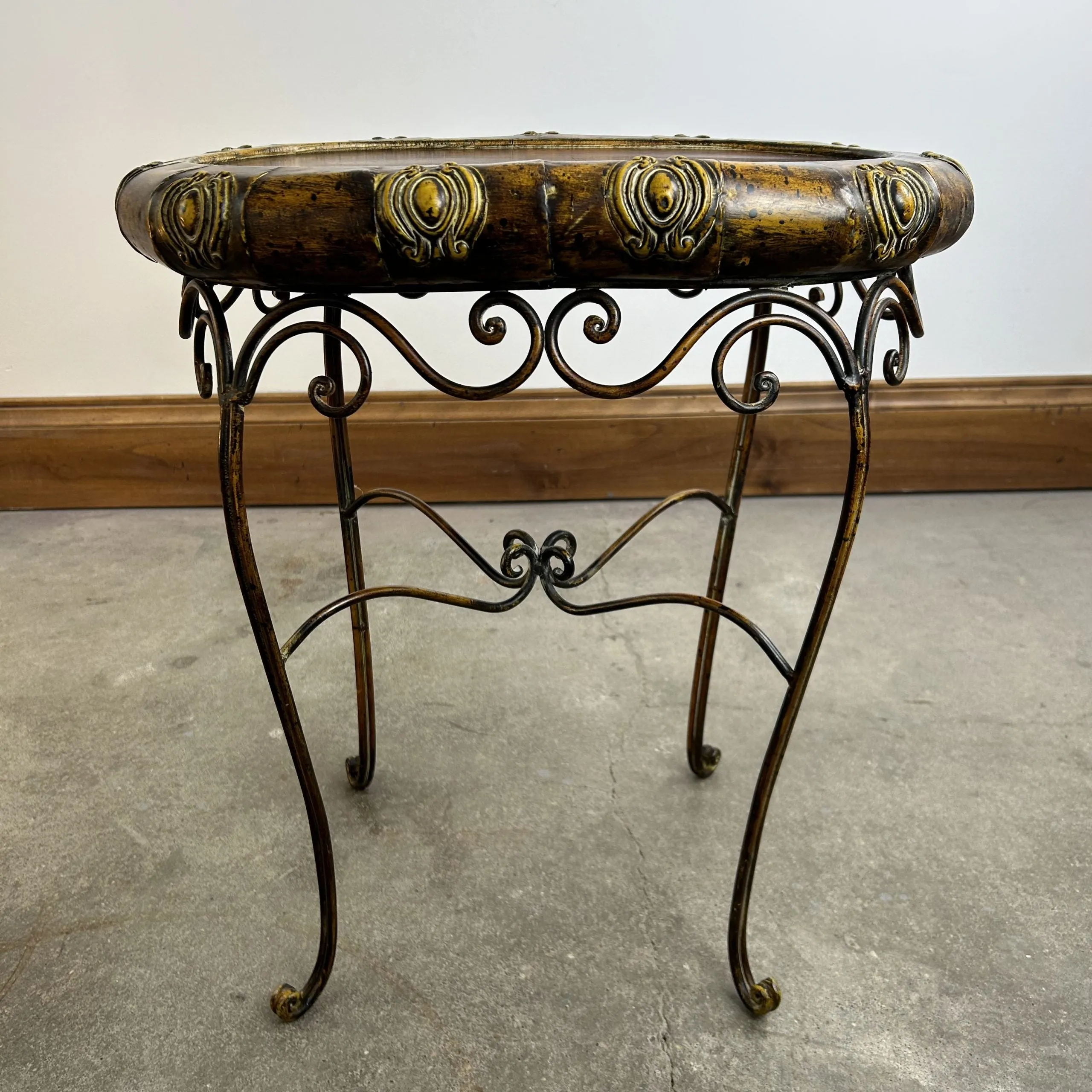 Metal Oval Side Table, Small, Painted Golden and Rust Tones, Ornate