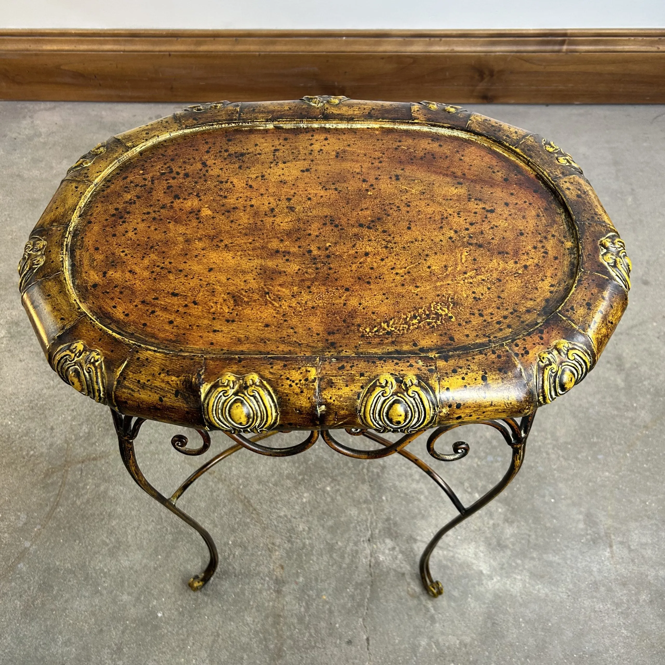 Metal Oval Side Table, Small, Painted Golden and Rust Tones, Ornate