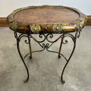 Metal Oval Side Table, Small, Painted Golden and Rust Tones, Ornate