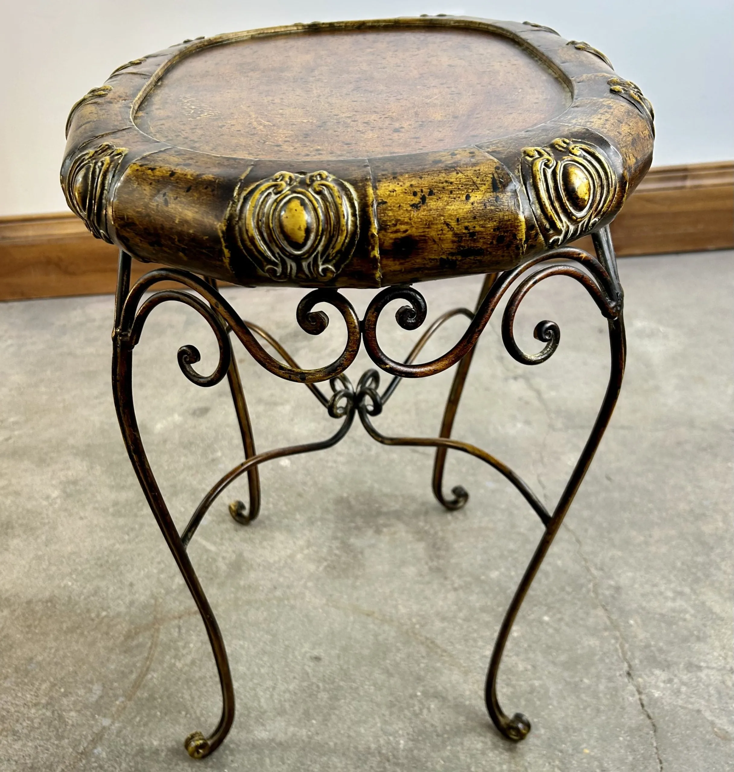Metal Oval Side Table, Small, Painted Golden and Rust Tones, Ornate