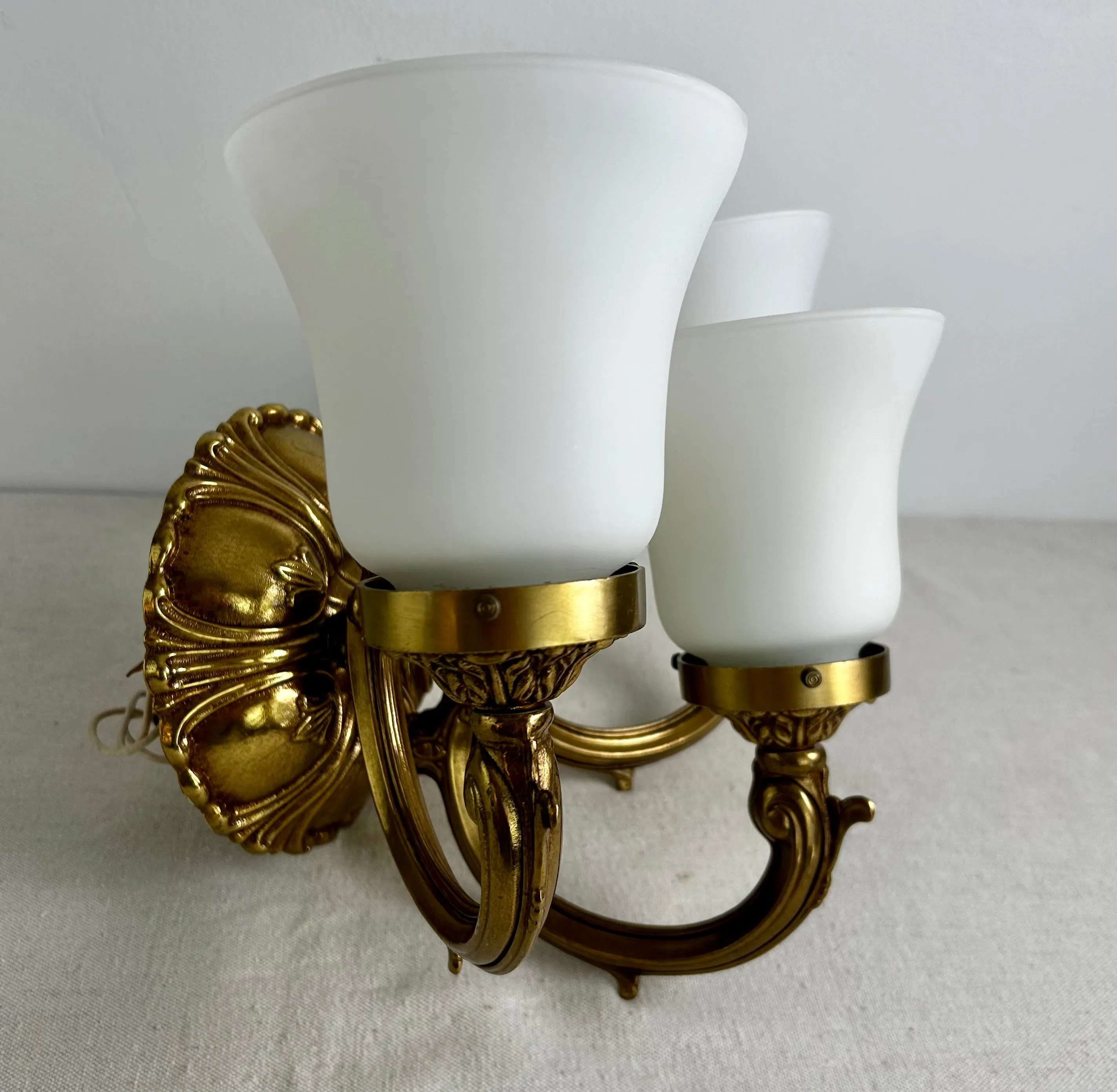 Minka Wall Sconce Light, Three Shades, Brass, Ornate