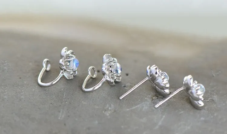 Moonstone Stud Earrings Clip Earrings in White Gold Plated Silver Jewelry Women