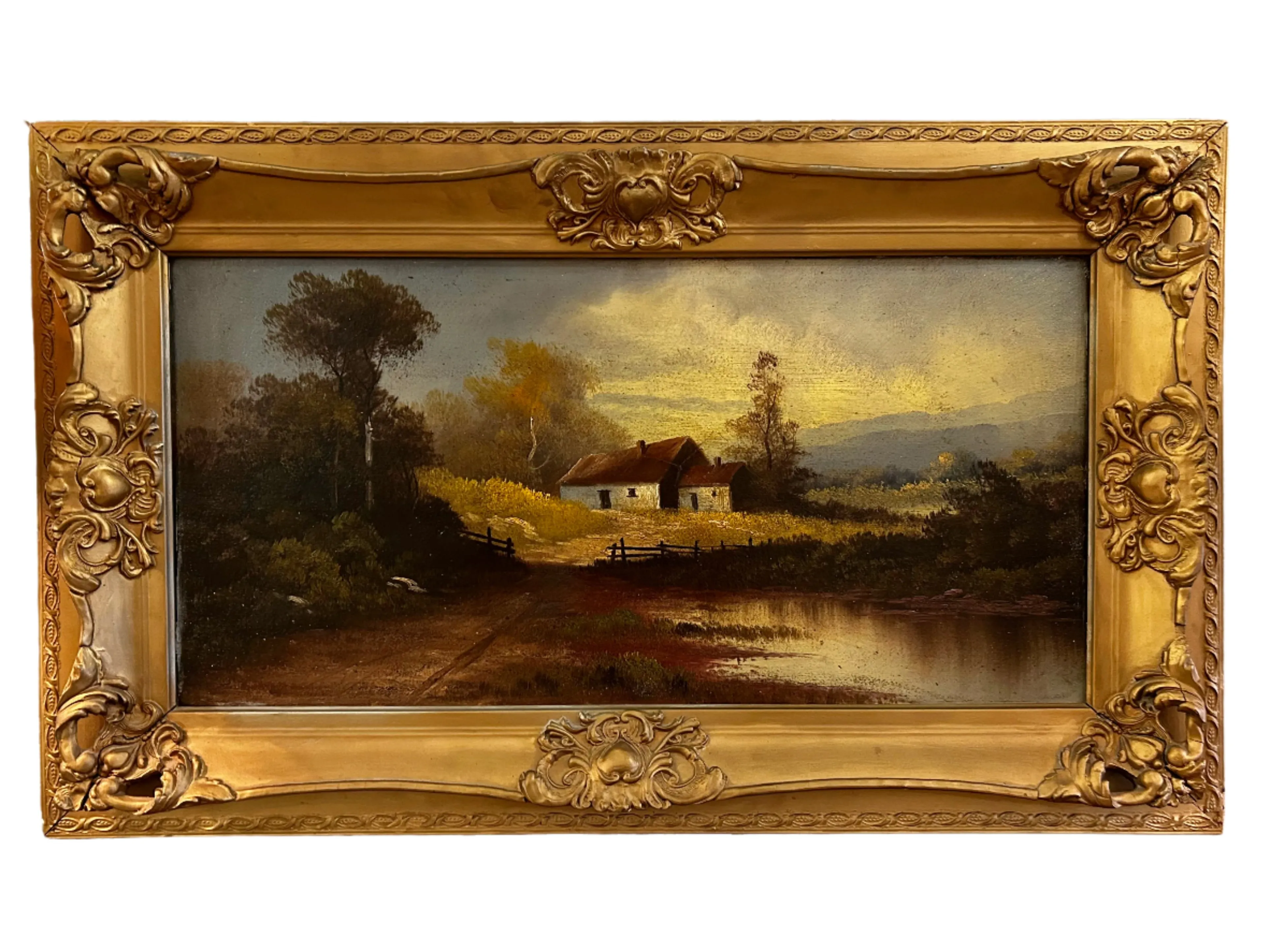 Original Art, Oil On Canvas, Cottage on Lake, Landscape, Vintage, Framed