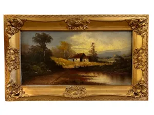Original Art, Oil On Canvas, Cottage on Lake, Landscape, Vintage, Framed