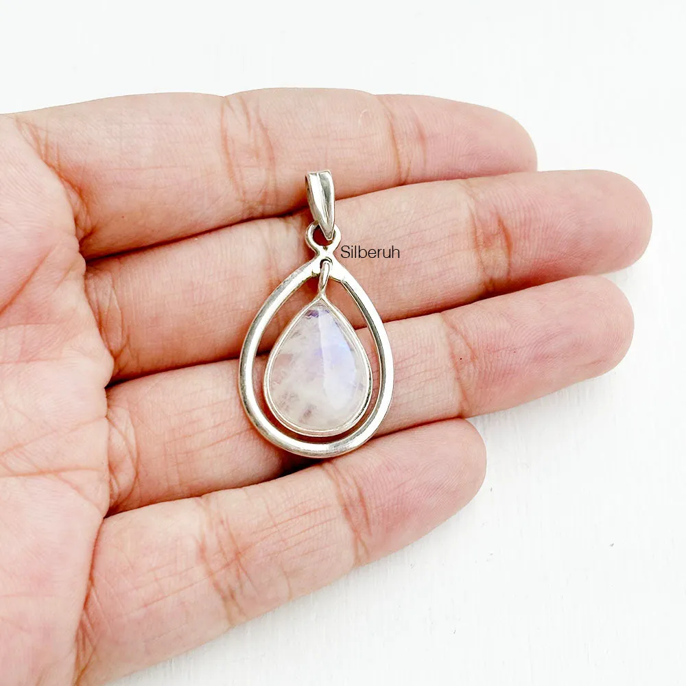 Rainbow Moonstone Drop Silver Pendant