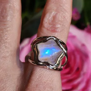 Rainbow Moonstone Star Finger Cuff Adjustable Ring .925 Silver for New Beginnings and Trusting your Intuition
