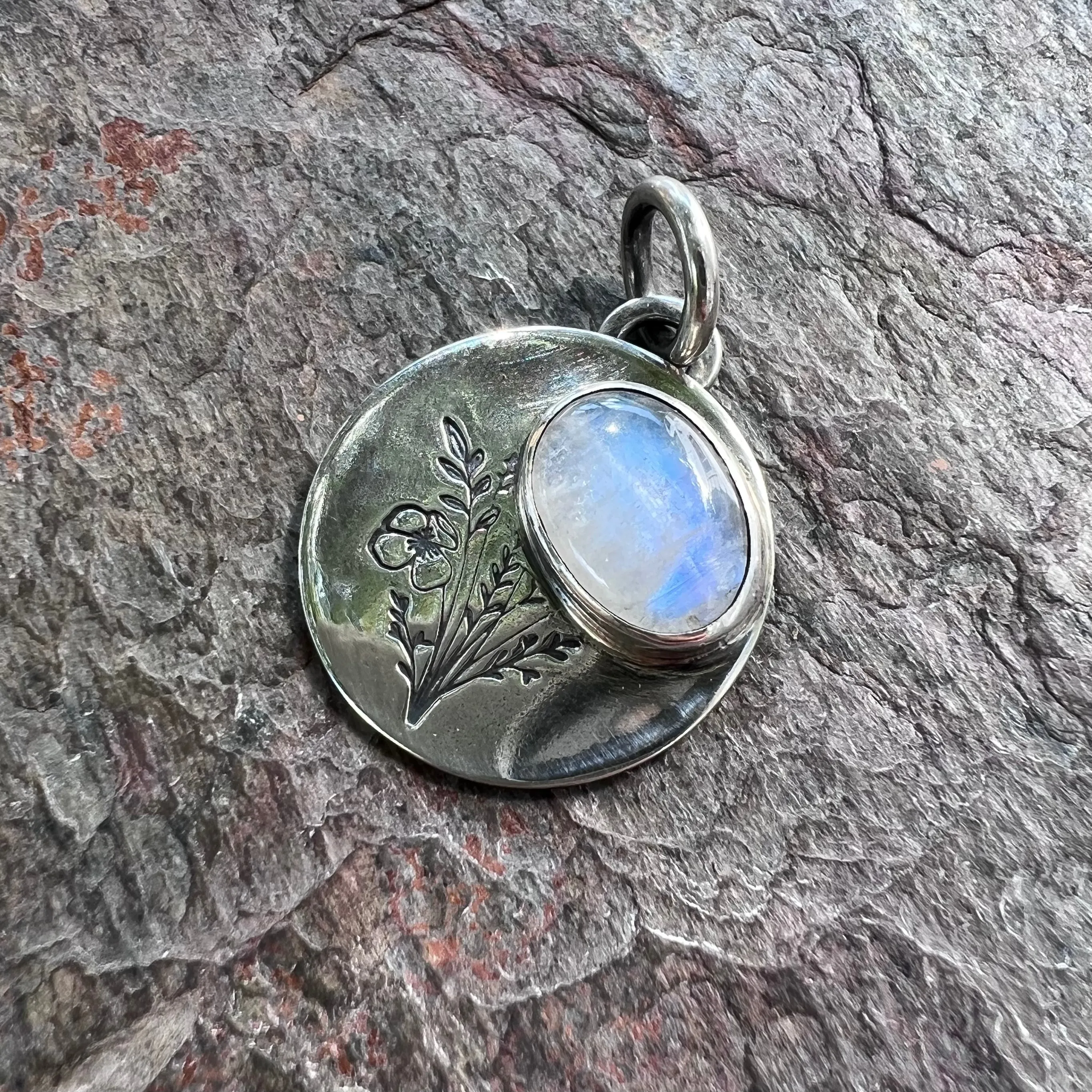 Rainbow Moonstone Sterling Silver Wildflower Pendant - Handmade One-of-a-kind Pendant