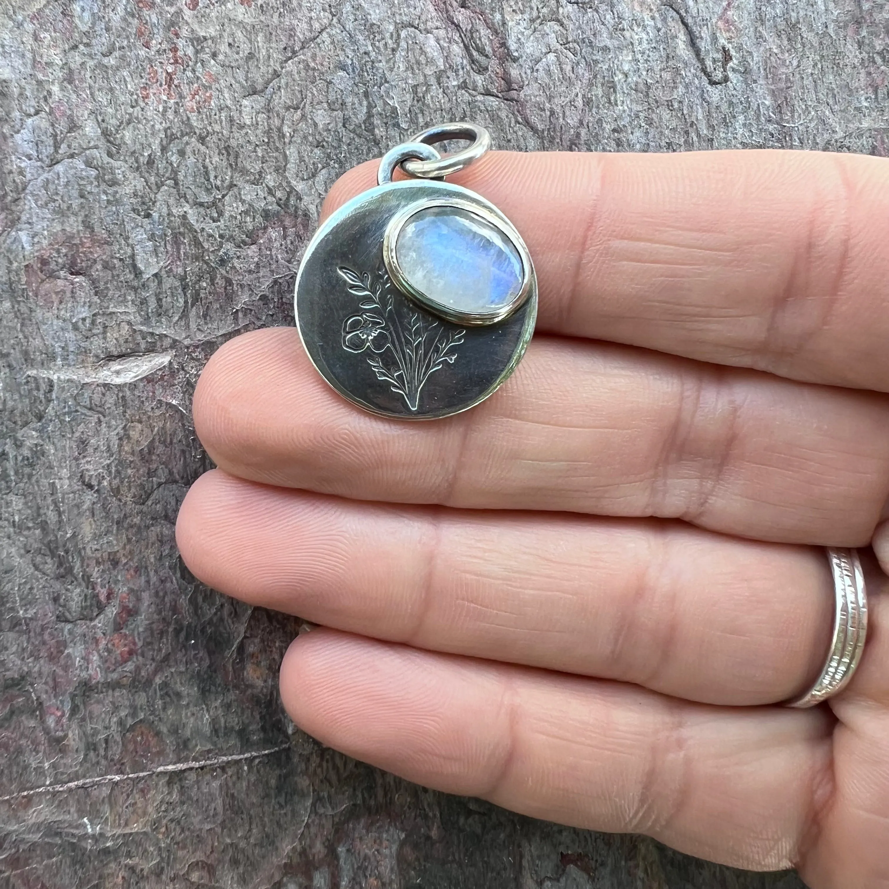 Rainbow Moonstone Sterling Silver Wildflower Pendant - Handmade One-of-a-kind Pendant