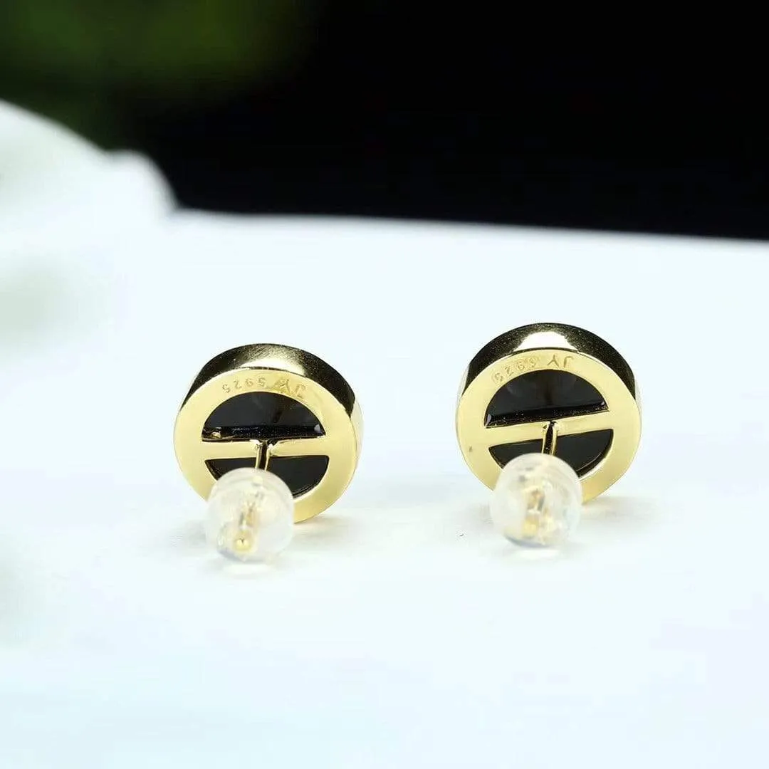 RealJade® Gold Plated Sterling Silver Black Nephrite Jade Classic Stud Earrings