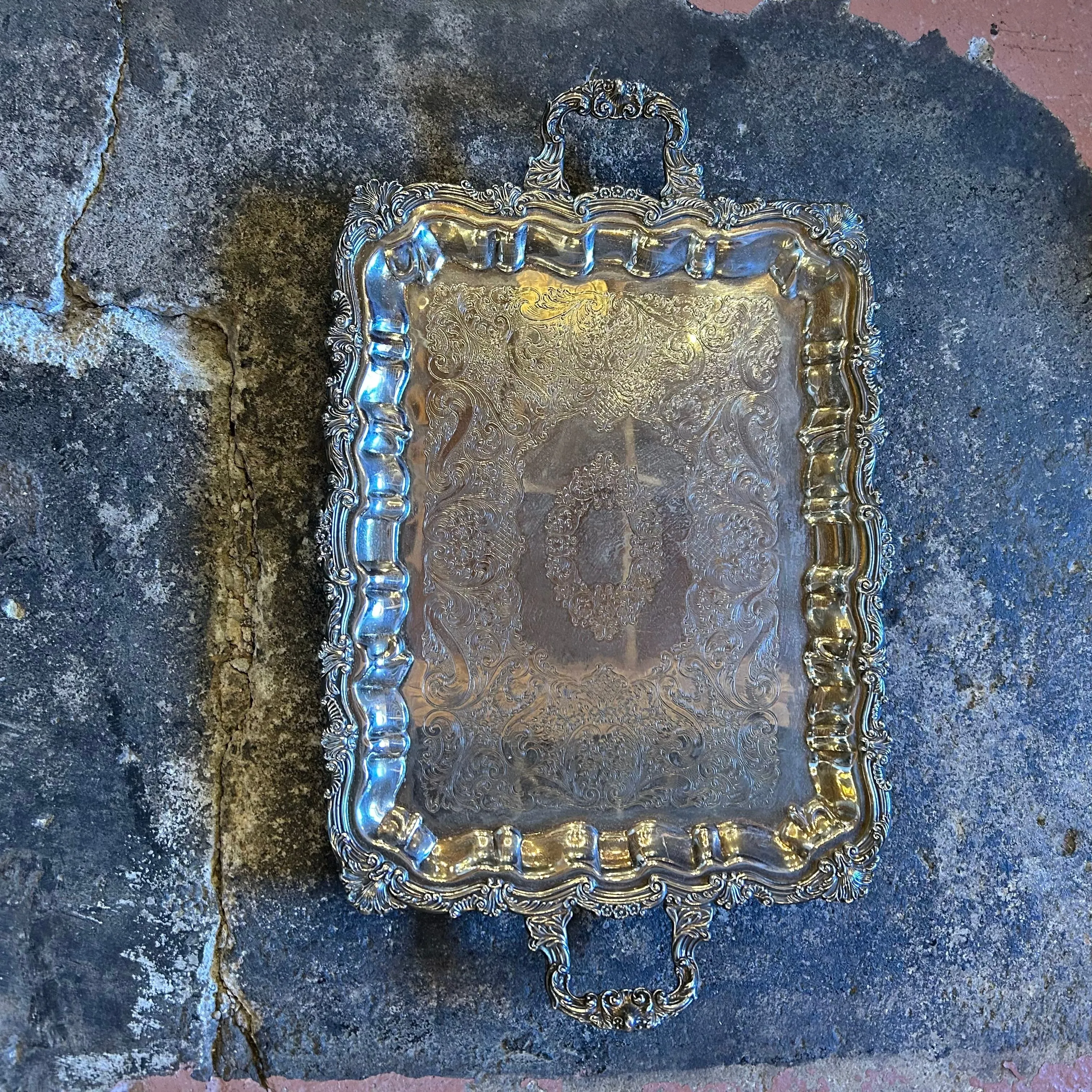 Silver Plated Tray with Handles, Ornate