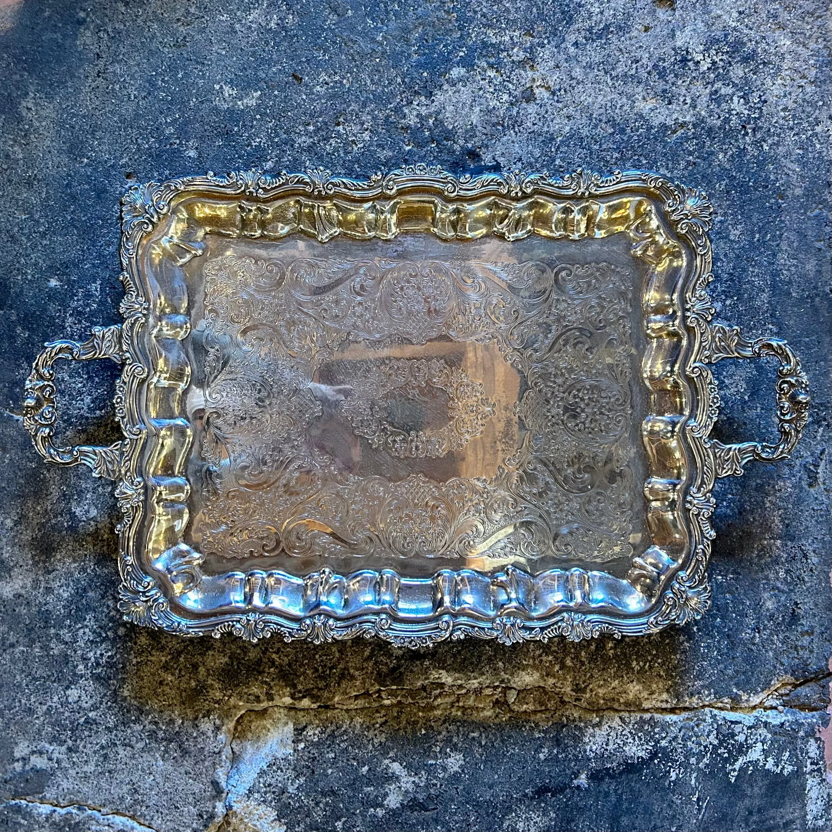 Silver Plated Tray with Handles, Ornate