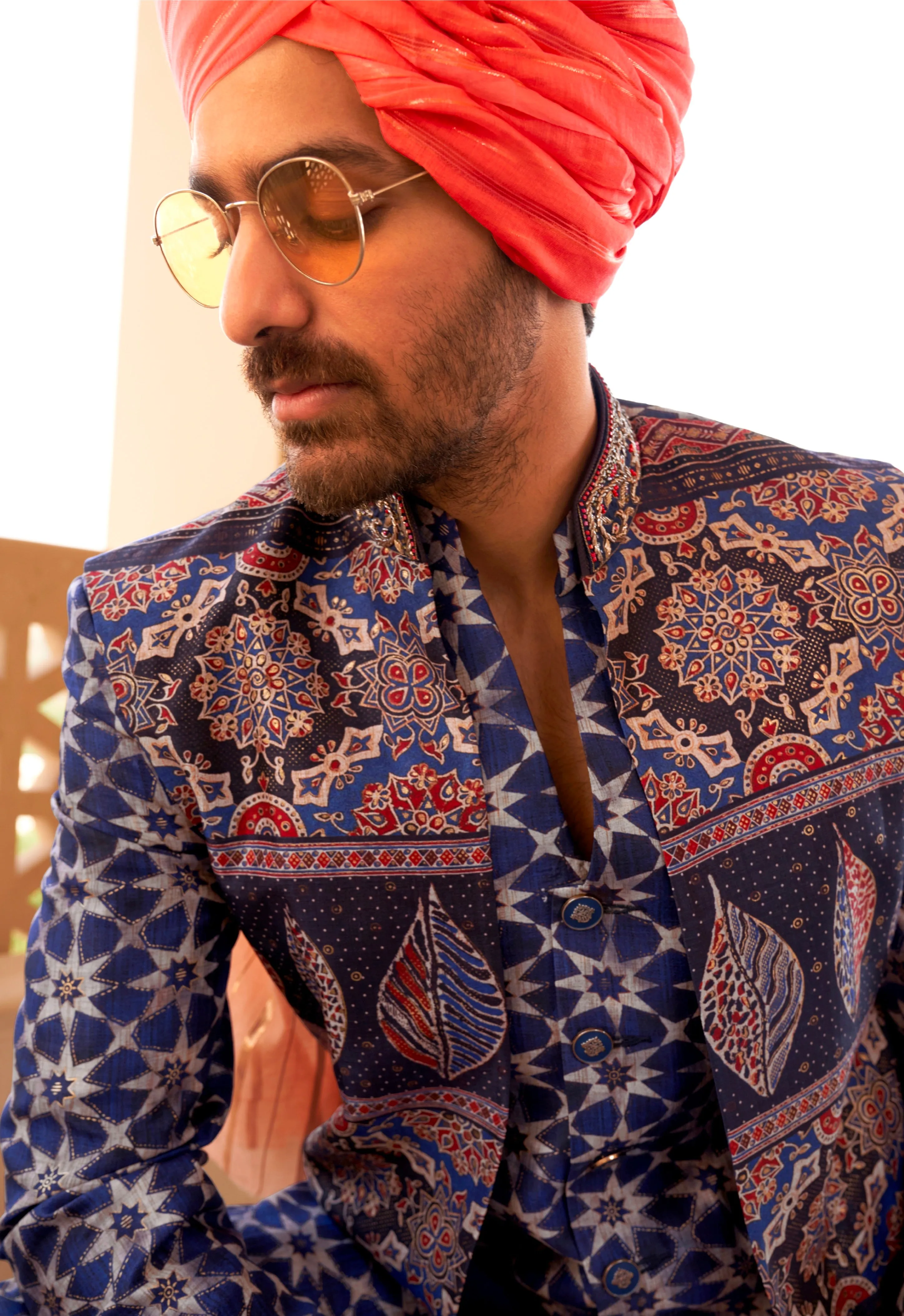 Stunning Foil Print Sherwani with Koti and Pant Ensemble