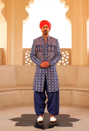 Stunning Foil Print Sherwani with Koti and Pant Ensemble