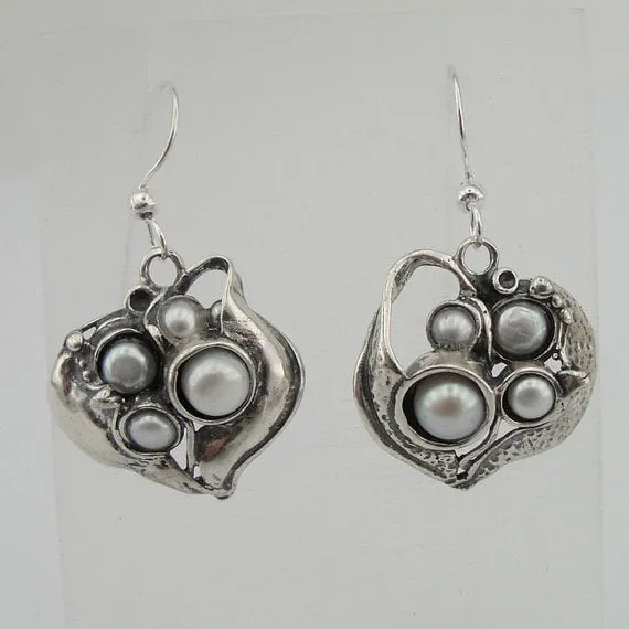Stunning Handmade Sculpted Sterling Silver and Pearl Earrings (2118p)