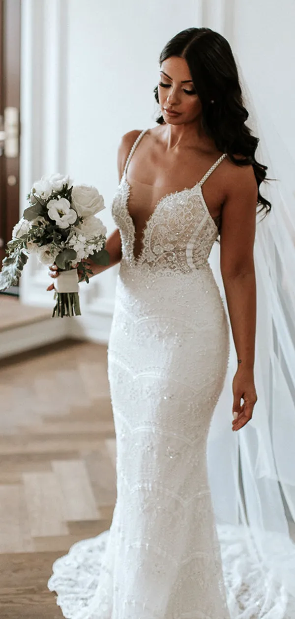 Stunning Lace Shiny Beads Spaghetti Strap Mermaid Fashion Wedding Dresses,DB0179